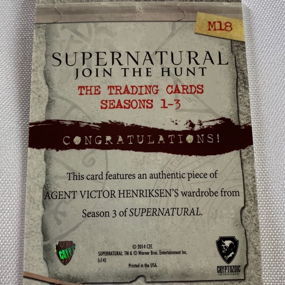 Authentic Cryptozoic Wardrobe Trading Card from the TV Show Supernatural! - Picture 2 of 2